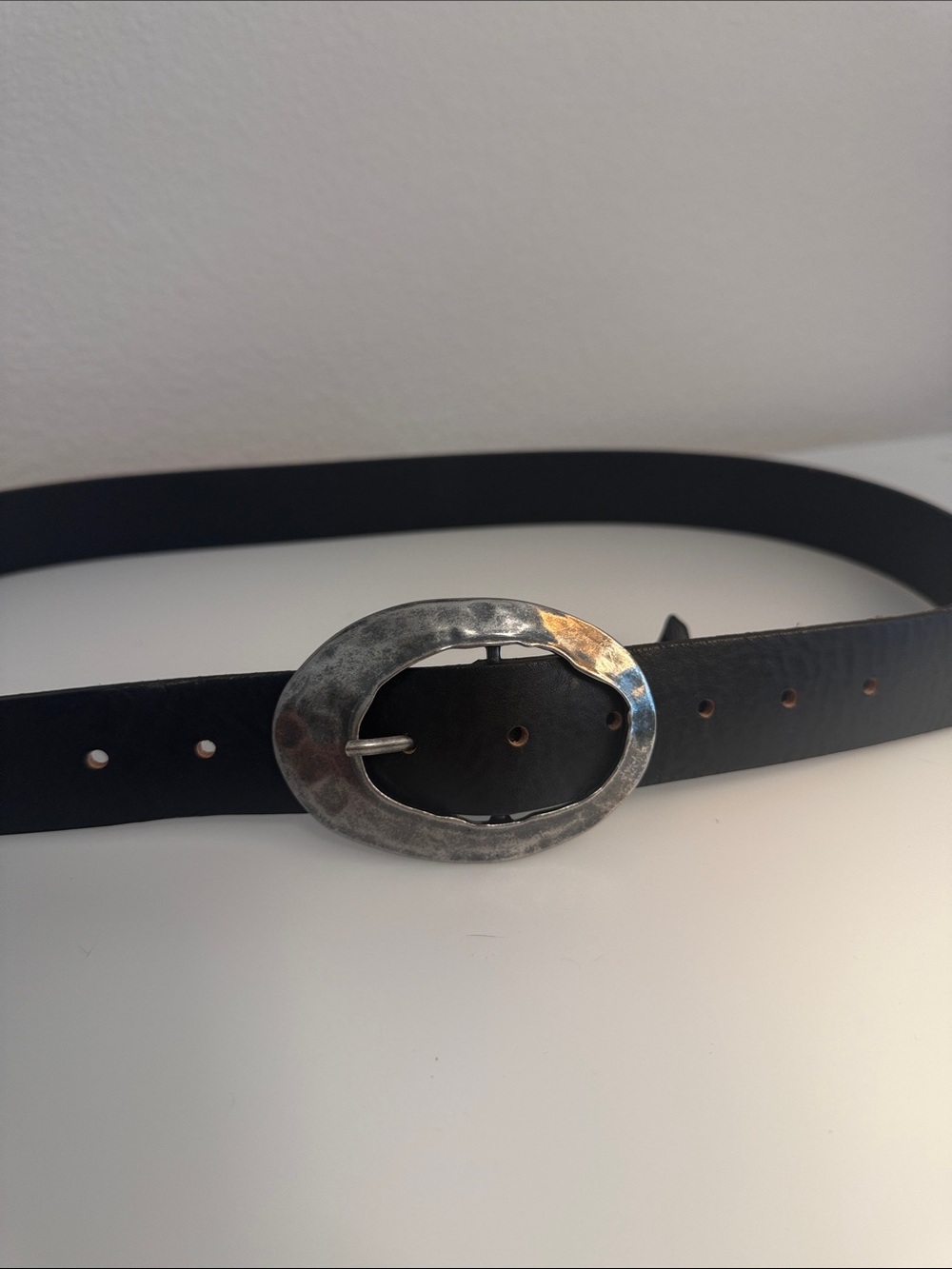 Free People Margot Black Leather Belt with Distressed Silver Oval Buckle L/XL - Picture 1 of 6